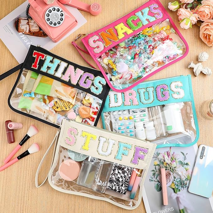 Buryeah 4 Pcs Chenille Letter Pouch Flat Nylon Clear Snack Bags Flat Multipurpose Zipper Makeup Bag for Travel Toiletry Bag Water-proof Cosmetic Pouch for Women(Cute Style)