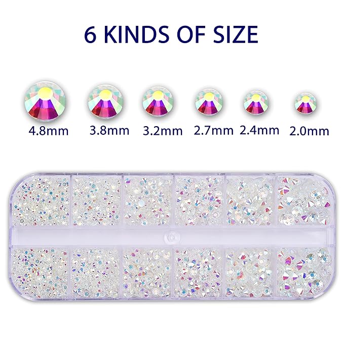 3000 Pcs Nail Art Rhinestones HUETFAT Nail Gems AB Clear Flatback Stones Crystals Mixed 6 Size Nail Diamonds with Storage Organizer Box Wax Pencil Tweezers 3D Jewels for Nail Design (AB Clear)