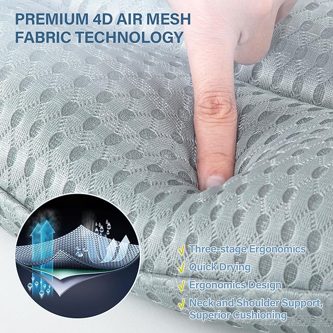 Bath Pillow Bathtub Pillow for Tub Luxury Bath Tub Pillows for Tub Neck and Back Support with 4D Air Mesh Fabric and 8 Strong Powerfull Non-Slip Suction Cups Relaxing Bath Accessories Spa Gifts, Grey