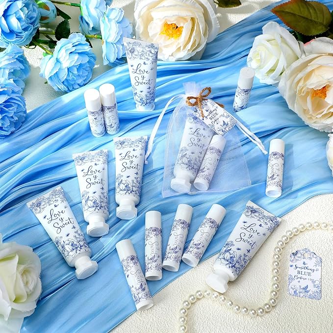 48 Sets Something Blue Before I Do Bridal Shower Hand Cream and Lip Balm Gift Bulk Blue Floral Wedding Favors Travel Size Hand Lotion and Lip Balm Bridal Shower Party Supplies for Guest
