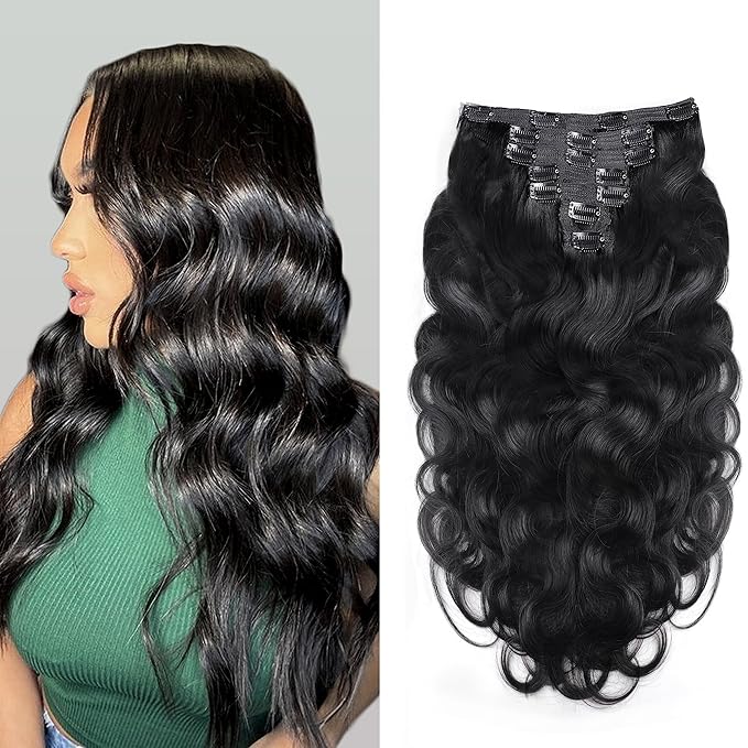 Clip in Hair Extensions Real Human Hair Double Weft Thick Body Wave Hair Extensions 7 Pcs With 16 Clips Handmade Real Clip in Hair Extensions for Black Women 100g (16 Inch, Natural Color #1B)