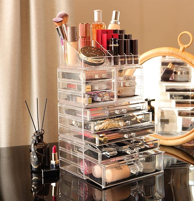 Cq acrylic 4 Pack Clear Make up Organizer Countertop,Stackable 9 Drawers Makeup Storage,Cute Vanity Organizers for dresser Hair Clip,Jewelry,Beauty Product Desk and Bathroom Organizers and Storage