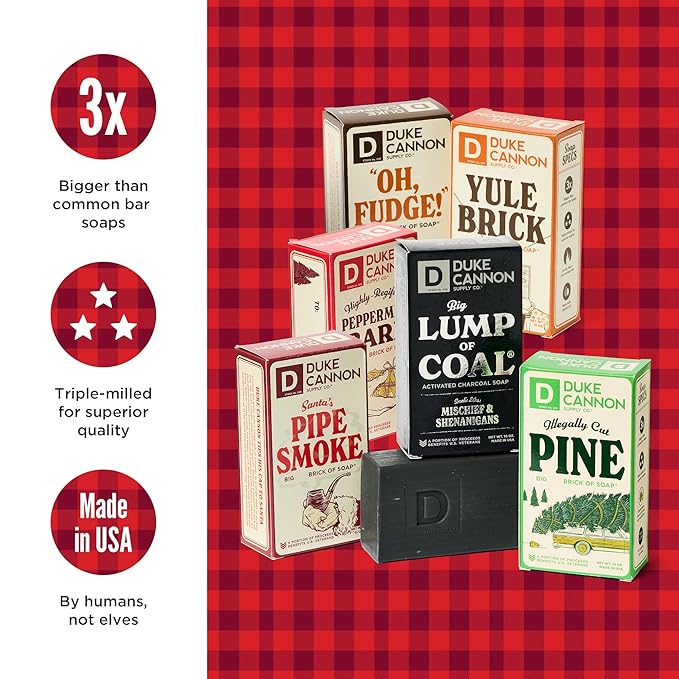 Duke Cannon Supply Co. Big Brick of Soap Bar Holiday Soap Gift Set - Lump of Coal, Illegally Cut Pine, OH Fudge, Santa's Pipe Smoke, Peppermint Bark & Yule Brick, 10 oz. (6 Pack)