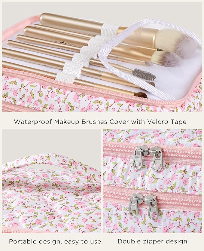 HBselect 2Pcs Travel Makeup Bag, Large Cotton Quilted Makeup Bag Cosmetic Bag Cute Make up Bag Toiletry Bags for Women Girls