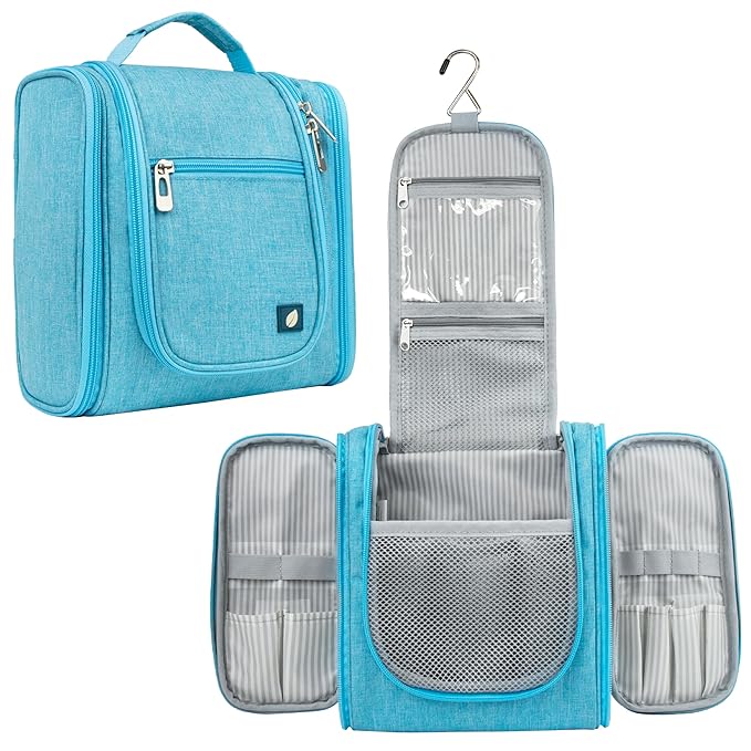 PAVILIA Toiletry Bag Travel Bag for Women Men, Hanging Cosmetic Organizer, Water Resistant Makeup Bag for Accessories Toiletries, Large Travel Essentials Kit (Turquoise)