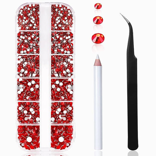 2400 Pcs Nail Art Rhinestones Red Flat Back Rhinestones Gems Round Crystal Siam 6 Sizes (1.9-4.5 mm) Wax Pencil Tweezers for Nail Art Makeup Clothes Shoes Bags Crafts DIY(Red) HUETFAT