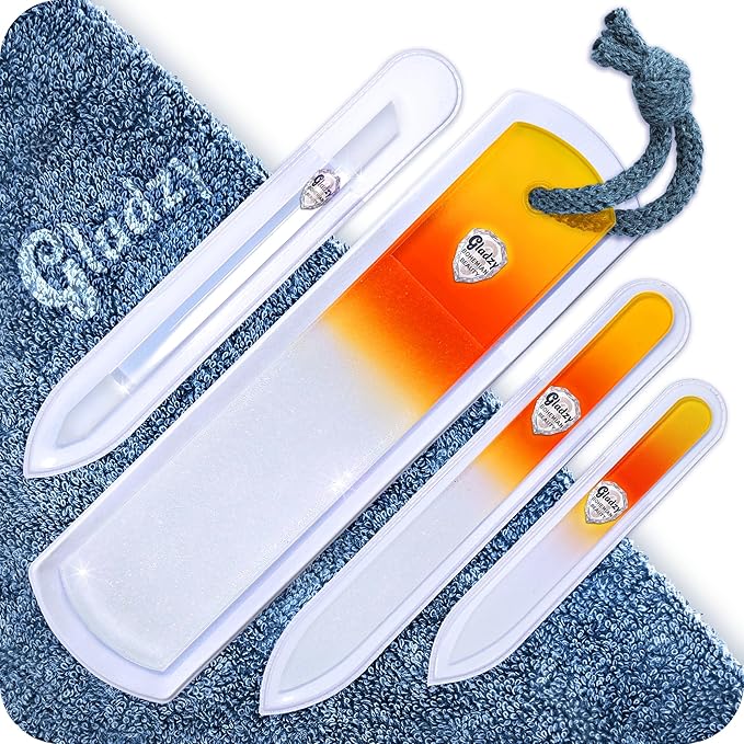 GLADZY Genuine Czech Glass Nail File Set - Callus Remover Foot Rasp, Cuticle Pusher Manicure Stick, Double Sided Etched Different Grit Surface, Professional Nail Care Tool, Made in EU