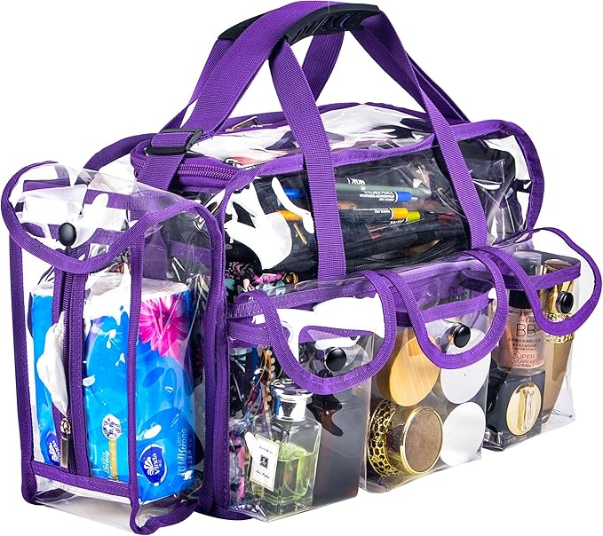 Wide Mouth Large Professional Clear PVC Travel Makeup Artist Set Bag Cosmetic Nails Beauty Bag Transparent Vinyl Tool Organizer Beach Bags Diaper Bags with 6 External Pockets & Strap (Purple)