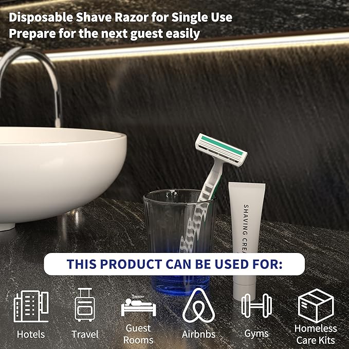 50 Pack 3 Blades Shave Razor kit in Bulk Pivoting Head with Protective Guard 15g Cream Individually Wrapped Paper Bag for Hotel,Airbnb, Homeless,Shelter Camping Travel On The Go