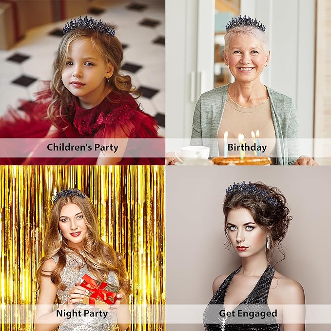 LIMELIA Women's Tiara for Henna Wedding Party|Glitter Hair Accessories for Bridal Birthday Pageant Prom Halloween Costume Christmas Party, Princess Crown|Crystal Stone-Navy Blue