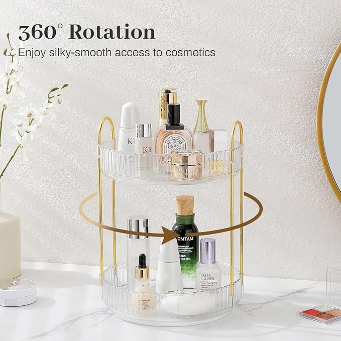 Rotating Makeup Organizer for Vanity, Skincare Make Up Storage Perfume Organizers for bathroom countertop, Clear Cosmetic Organizer for Dresser, Lipstick Hair product Spinning Stand Organizer (2 Tier,