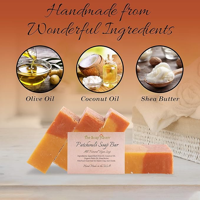 Patchouli Soap Bar - 4 Large 4.5 oz Bars. Handmade in USA with 100% Natural, Non-GMO ingredients