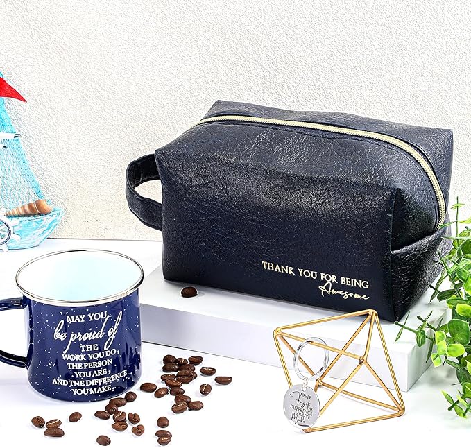 Dandat 3 Pcs Thank You Gift for Men Employee Appreciation Gift Leather Toiletry Bag 12 oz Inspirational Enamel Mug Motivational Keychain May You Be Proud Sign for Coach Men Teacher Male Staff (Blue)