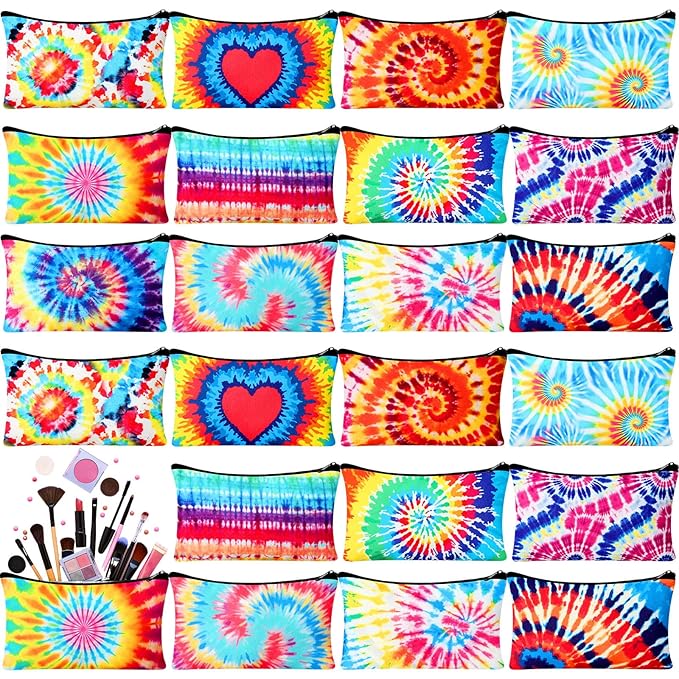 24 Pieces Makeup Bags Bulk Canvas Cosmetic Bags Purse Organizer Zipper Cosmetic Pouch Portable Travel Toiletry Pouch for Women Men Gifts, 7 x 4 Inch (Tie-dye)