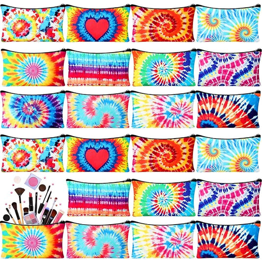 24 Pieces Makeup Bags Bulk Canvas Cosmetic Bags Purse Organizer Zipper Cosmetic Pouch Portable Travel Toiletry Pouch for Women Men Gifts, 7 x 4 Inch (Tie-dye)