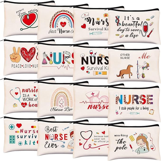 Kolewo4ever 16 Pieces Nurse Survival Kit Nurse Practitioner Gifts Nurse Appreciation Gifts Nurses Week Gifts Nursing Makeup Bags Cosmetic Funny Travel Pouch Bag for Women Nurses