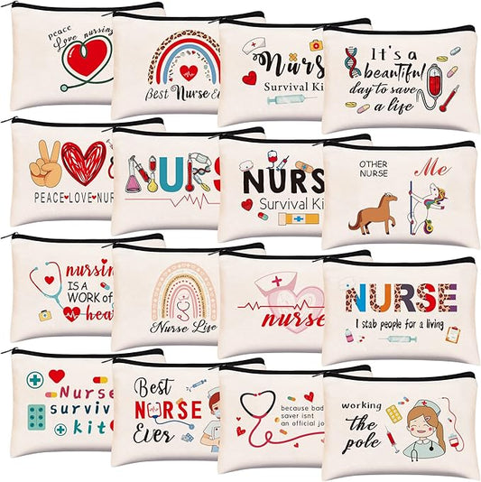 Kolewo4ever 16 Pieces Nurse Survival Kit Nurse Practitioner Gifts Nurse Appreciation Gifts Nurses Week Gifts Nursing Makeup Bags Cosmetic Funny Travel Pouch Bag for Women Nurses