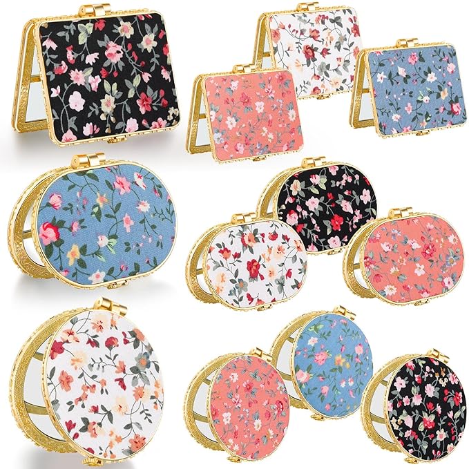 Blulu 24 Pcs Compact Mirror for Purse Bulk Small Flower Pocket Mirror Folding Floral Retro Return Gifts for Women Makeup Travel Portable(Gold Edge)