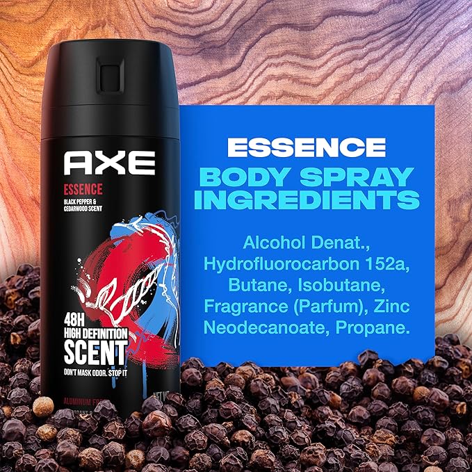 AXE Body Spray Deodorant for Long Lasting Odor Protection Essence Black Pepper & Cedarwood Men's Deodorant Formulated Without Aluminum, 4 Ounce (Pack of 4)