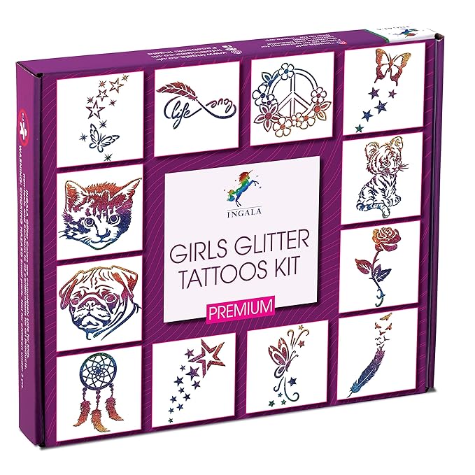 Premium Glitter Temporary Tattoo Kit for Girls, 74 Stencils, 16 Colors and 2X 0.5 fl.oz Body Glue for Body Glitter Fake Tattoos for Kids Makeup Tattoo Supplies Party Favors Party Supplies for Girls