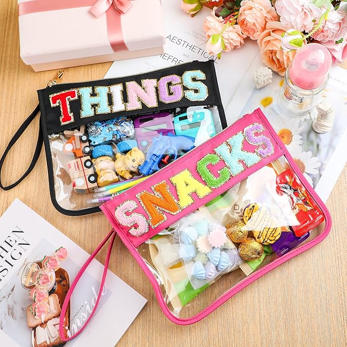 Buryeah 4 Pcs Chenille Letter Pouch Flat Nylon Clear Snack Bags Flat Multipurpose Zipper Makeup Bag for Travel Toiletry Bag Water-proof Cosmetic Pouch for Women(Cute Style)