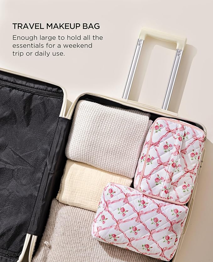 HBselect 2Pcs Travel Makeup Bag, Large Cotton Quilted Makeup Bag Cosmetic Bag Cute Make up Bag Toiletry Bags for Women Girls