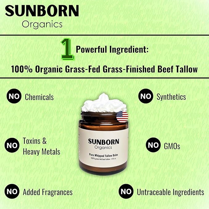 Pure Whipped Tallow Balm (Unscented) | 1 Ingredient | Handmade in USA | 100% Organic Grass-Fed Beef Tallow for Skin | Face Moisturizer for Dry Skin, Fragrance-Free, No Essential Oils
