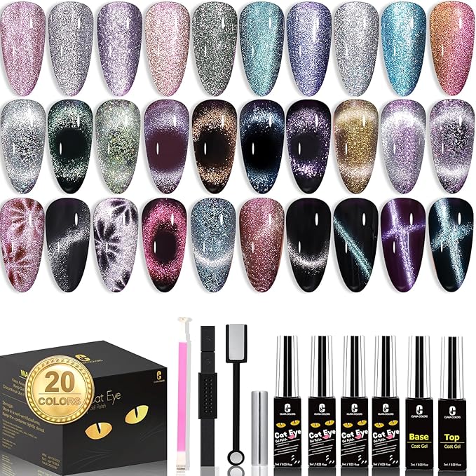 Clara Colors Magnetic Nail Polish - 20 Colors Cat Eye Gel Polish Kit Holographic Glitter Cat Eye Nail Polish with 4 Magnet, Black White Base Top Coat Gel Soak Off LED Manicure Salon DIY Art Gifts