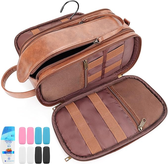 Travel Toiletry Bag for Men, Large Hanging Toiletries Organizer Bags, Cruise Ship Essentials, Water-resistant Shaving Case, PU Leather Makeup Accessories, Cosmetic Dopp Kit, Brown