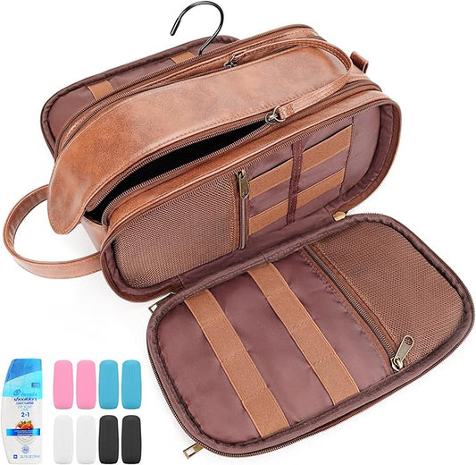 Travel Toiletry Bag for Men, Large Hanging Toiletries Organizer Bags, Cruise Ship Essentials, Water-resistant Shaving Case, PU Leather Makeup Accessories, Cosmetic Dopp Kit, Brown