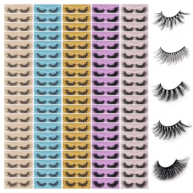 Wholesale Mixed Lashes Pack 3D Faux Mink Eyelashes 5 Style 100 Pairs Fluffy Volume Natural Charming Look Medium Length Eyelashes Cotton Band Handmade Reusable Soft False Eyelashes (5 styles-100 pairs)