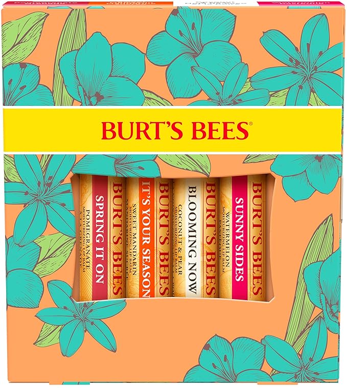 Burt's Bees Lip Balm - Just Picked Gifts Set with Pomegranate, Watermelon, Sweet Mandarin, Coconut and Pear Natural Lip Treatment Tubes, 4, 0.15 oz.