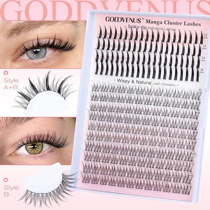Manga Lash Clusters Kit Wispy Eyelashes Cluster & Spiky-tip Individual Lashes Mixed Cluster Eyelash Extensions Kit 200pcs DIY Lashes Extension Kit C Curl Lash Clusters Wispy Anime Lash Kit