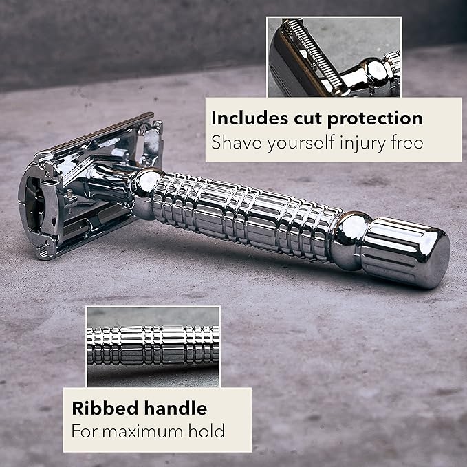 Störtebekker® Premium Men's Safety Razor ‘Hamburg’ - incl. handmade leather case with built-in mirror, 10 Störtebekker blades & shaving guide - First Class Wet Razor shaving set - Gift Idea for Men