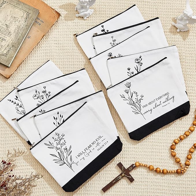 10Pcs Christian Gifts for Women Religious Cosmetic Bags Inspirational Bible Verse Pencil Pouch Canvas Makeup Bags Bulk with Zipper for Mother Sister Church Favors