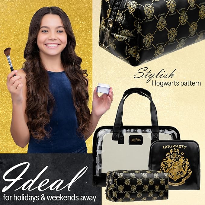 Harry Potter Toiletry Bags for Women Teenagers Girls, Set of 3 Zipped Wash Bag and Cosmetic Bag Holiday Essentials