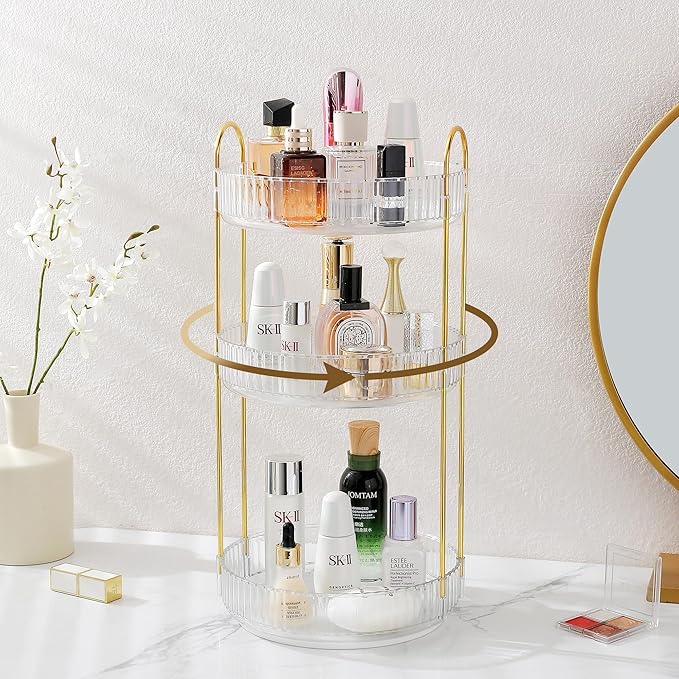 Aveniee Rotating Makeup Organizer for Vanity, 3 Tier Perfume Skincare Organizers and Storage for Bathroom Countertop, Clear Spinning Counter Cosmetic Holder for Dresser (White)