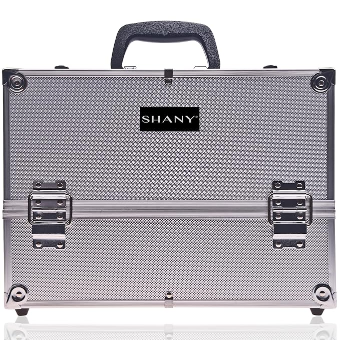 SHANY Essential Pro Makeup Train Case Cosmetic Box Portable Makeup Case Cosmetics Beauty Organizer Jewelry storage with Locks, Multi Compartments Makeup Box and Shoulder Strap - Silver