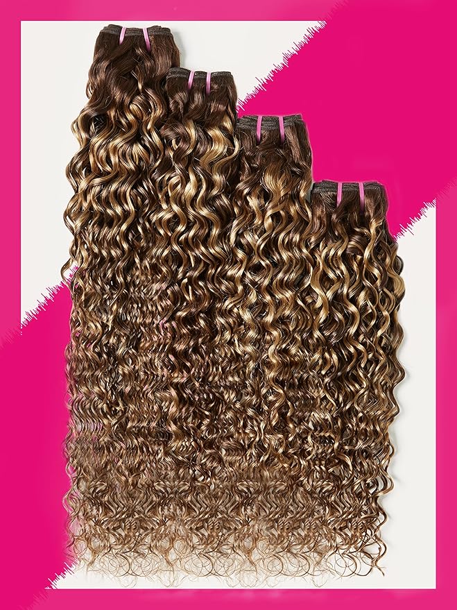 Human Hair Bundles 4 Bundles Hair Extensions 16 18 20 22 Inch Water Wave 100% Unprocessed Curly Brazilian Virgin Hair Wet and Wavy Human Hair Brown Highlight P4/27