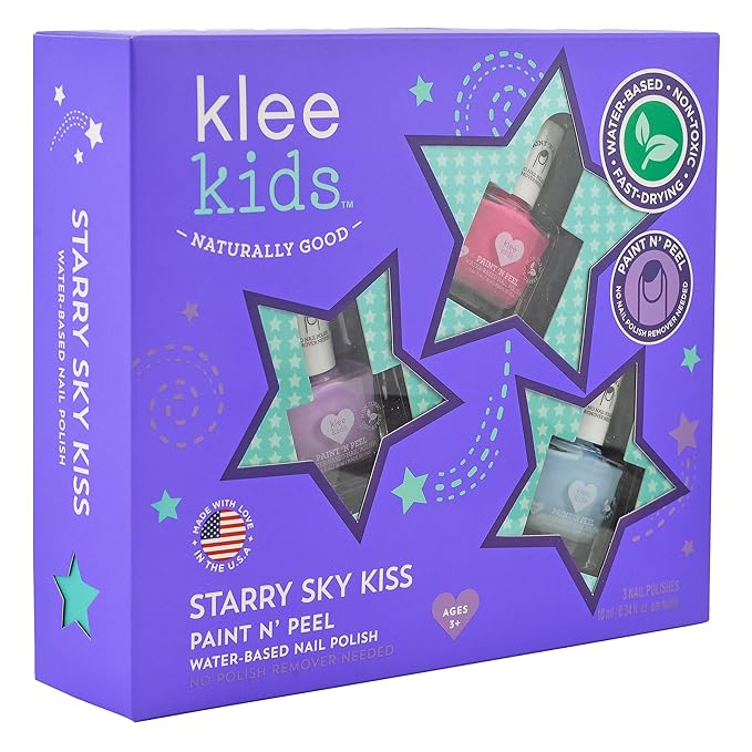 Klee Kids Water-Based Peelable Nail Polish Gift Set. Odor-Free. Non-Toxic. Made in USA. (Starry Sky Kiss)