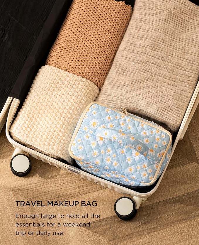 HBselect 2Pcs Travel Makeup Bag, Large Cotton Quilted Makeup Bag Cosmetic Bag Cute Make up Bag Toiletry Bags for Women Girls