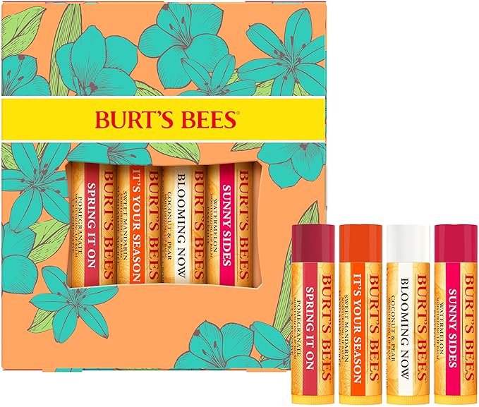Burt's Bees Lip Balm - Just Picked Gifts Set with Pomegranate, Watermelon, Sweet Mandarin, Coconut and Pear Natural Lip Treatment Tubes, 4, 0.15 oz.