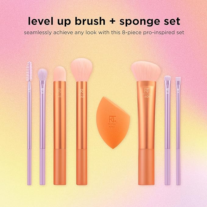 Real Techniques 8 Piece Level Up Brush And Sponge Set, Makeup Brushes For Eyeshadow, Foundation, Blush, & Bronzer, Makeup Blending Sponge, Synthetic Bristles, Stocking Stuffer, Cruelty-Free