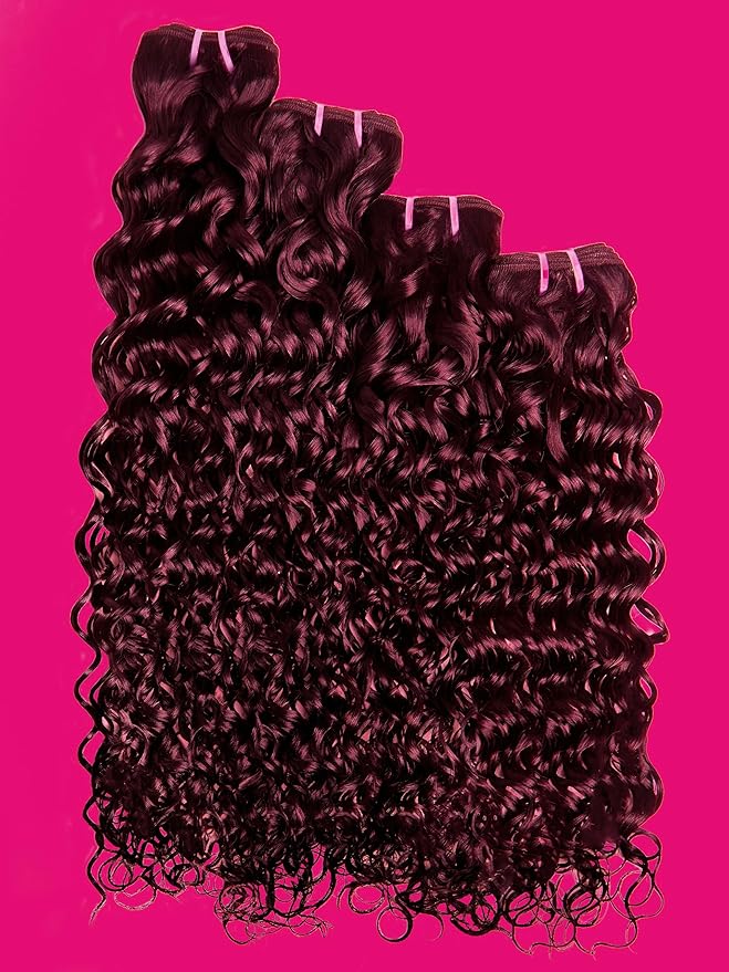Human Hair Bundles 4 Bundles Hair Extensions 14 16 18 20 Inch Dark Burgundy Water Wave 100% Unprocessed Curly Brazilian Virgin Hair Wet and Wavy Human Hair A99J