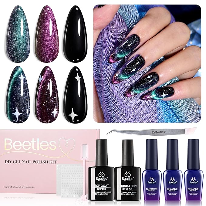 Beetles Gift Gel Nail Polish Set, Cat Eye Black Gel Polish Brilliant Galaxy Nail with Base & Top Coat, Star Stickers, Magnet, Tweezers DIY Series Color Nail Trend Set Manicure