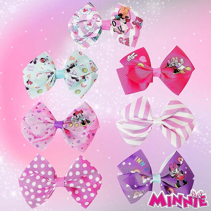 Disney Minnie Mouse Hair Bows - Hair Accessories Gift Set - Minnie Hair Bow - 7 Pcs 4 Inch Bundle - HairBows for Girls - Minnie on each clip - Alligator Clip - Ages 3 +