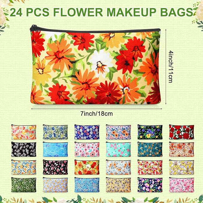 24 Pieces Makeup Bags Bulk Canvas Cosmetic Bags Purse Organizer Zipper Cosmetic Pouch Portable Travel Toiletry Pouch for Women Men Gifts, 7 x 4 Inch (Flower)