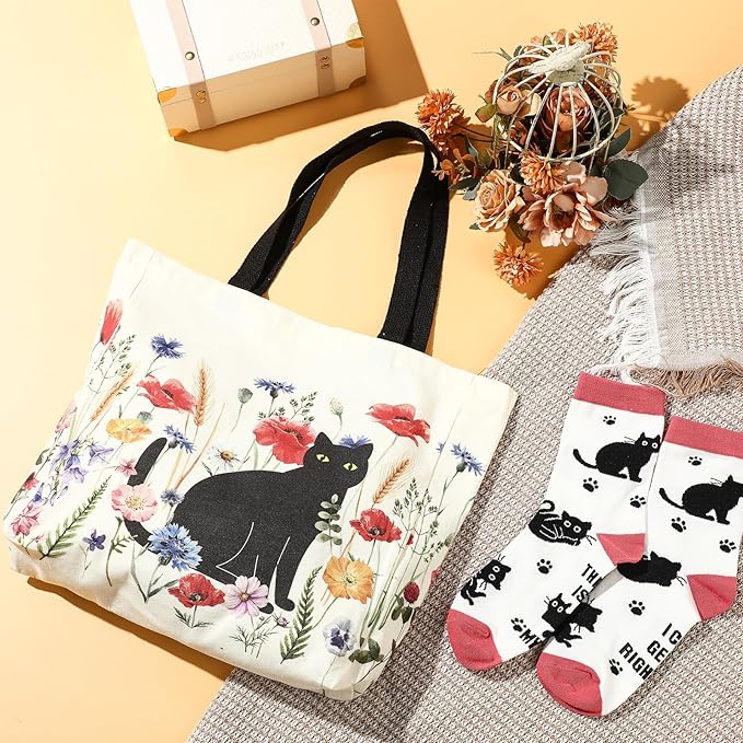 Animal Lover Gifts for Women Mother's Day Animal Themed Gifts for Mom Include Canvas Tote Bag, Makeup Bag, Socks, Keychain, Enamel Mug, Small Figurines(Lovely Cat)