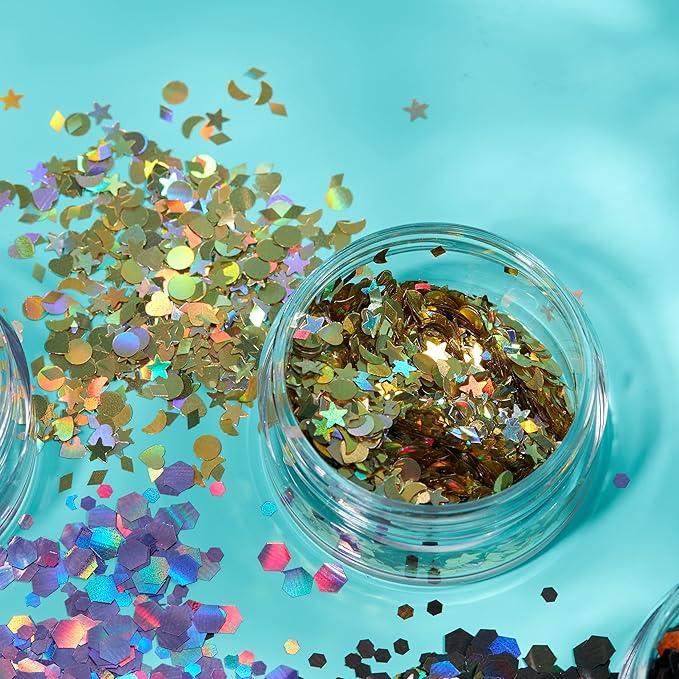 Holographic Glitter Shapes by Moon Glitter – 100% Cosmetic Glitter for Face, Body, Nails, Hair and Lips - 0.10oz - Set of 5 colours
