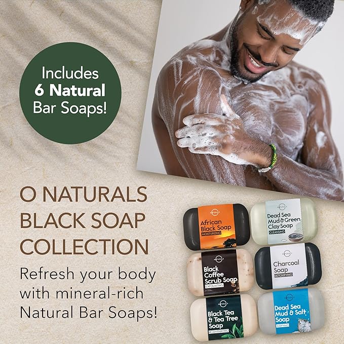 O NATURALS 6 PCS Black Soap - Women & Men's Bar Soap, Father's Day Gifts, Men's Soap Bar, African Black Soap w/Moisturizing Shea Butter, Charcoal Soap, Organic & Natural Soap for Men & Women, 4oz